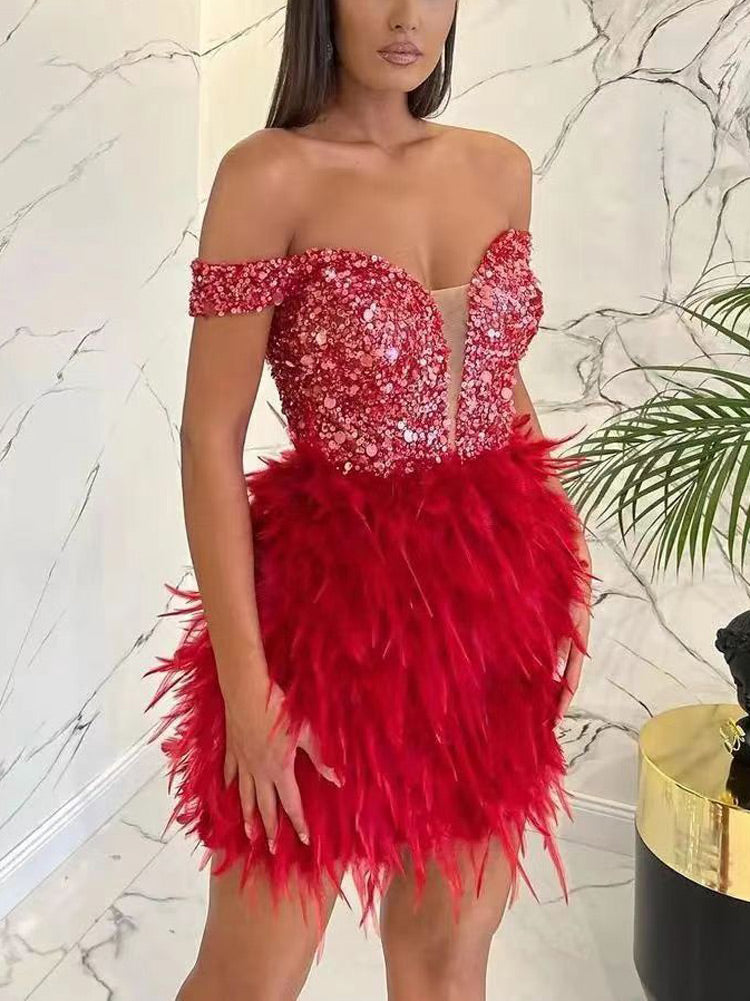 Feather Sequin Off Shoulder Mini Dress - View 6 | Lwiis