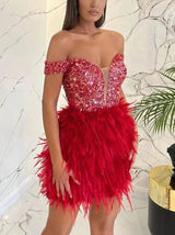 Feather Sequin Off Shoulder Mini Dress - View 6 | Lwiis