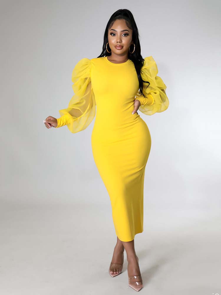 Mesh Puff Sleeve Dress - View 6 | Lwiis
