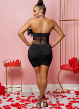 Feather trim ruched satin party dress with halter neckline - View 8 | Lwiis