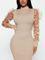 Ribbed mock neck midi dress with puff sleeves - View 16 | Lwiis