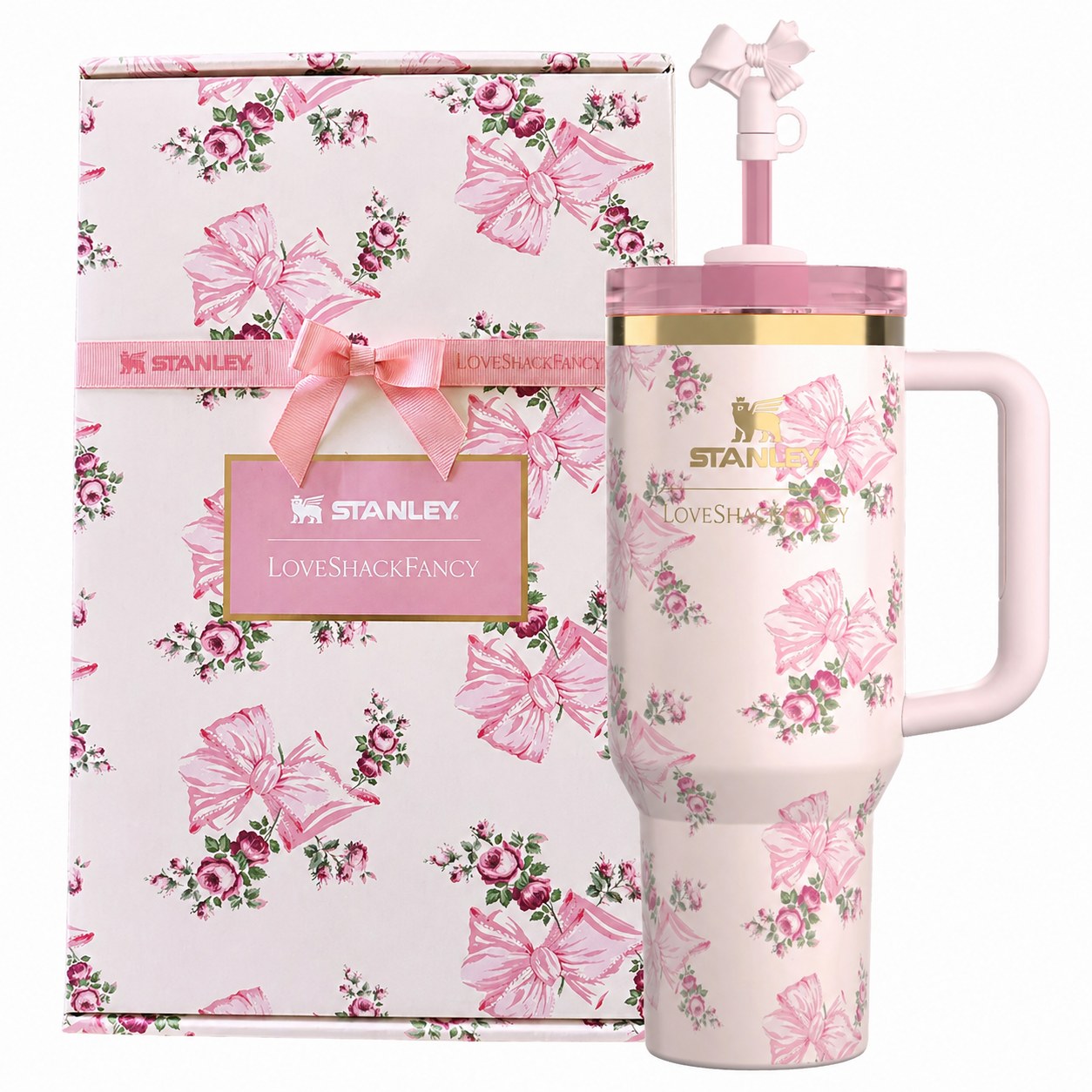 Stanley x LoveShackFancy Quencher H2.0 FlowState Tumbler with Straw, Rose Garden print, shown with gift box
