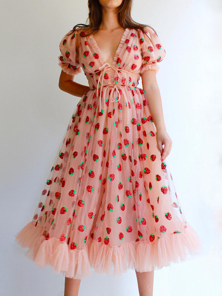 Strawberry print tulle dress on model