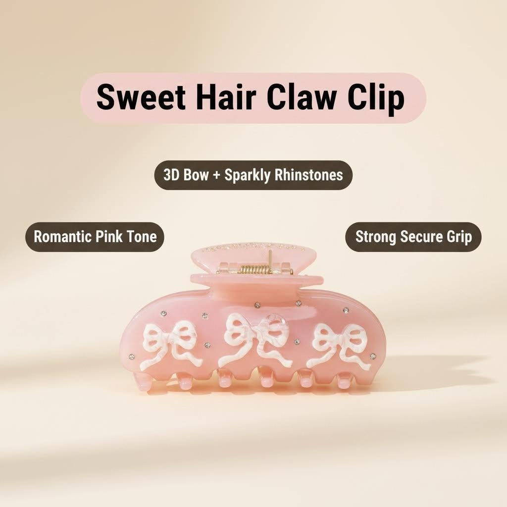 Product image of a pink hair claw clip with text overlay highlighting its features: 'Sweet Hair Claw Clip', '3D Bow + Sparkly Rhinestones', 'Romantic Pink Tone', 'Strong Secure Grip'