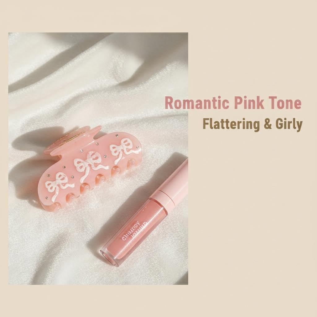 A pink hair claw clip with bows and rhinestones is displayed next to a pink lip gloss on a white satin fabric, with text overlay 'Romantic Pink Tone Flattering & Girly'