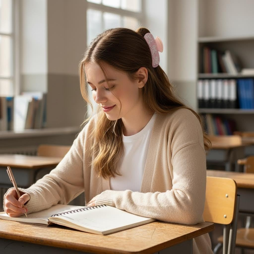 A young woman with long brown hair is wearing a pink hair claw clip while sitting at a desk and writing in a notebook in a classroom setting
