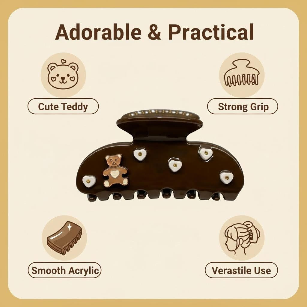 Product collage showcasing a teddy bear hair claw clip with features like "Cute Teddy", "Strong Grip", "Smooth Acrylic", and "Verastile Use"