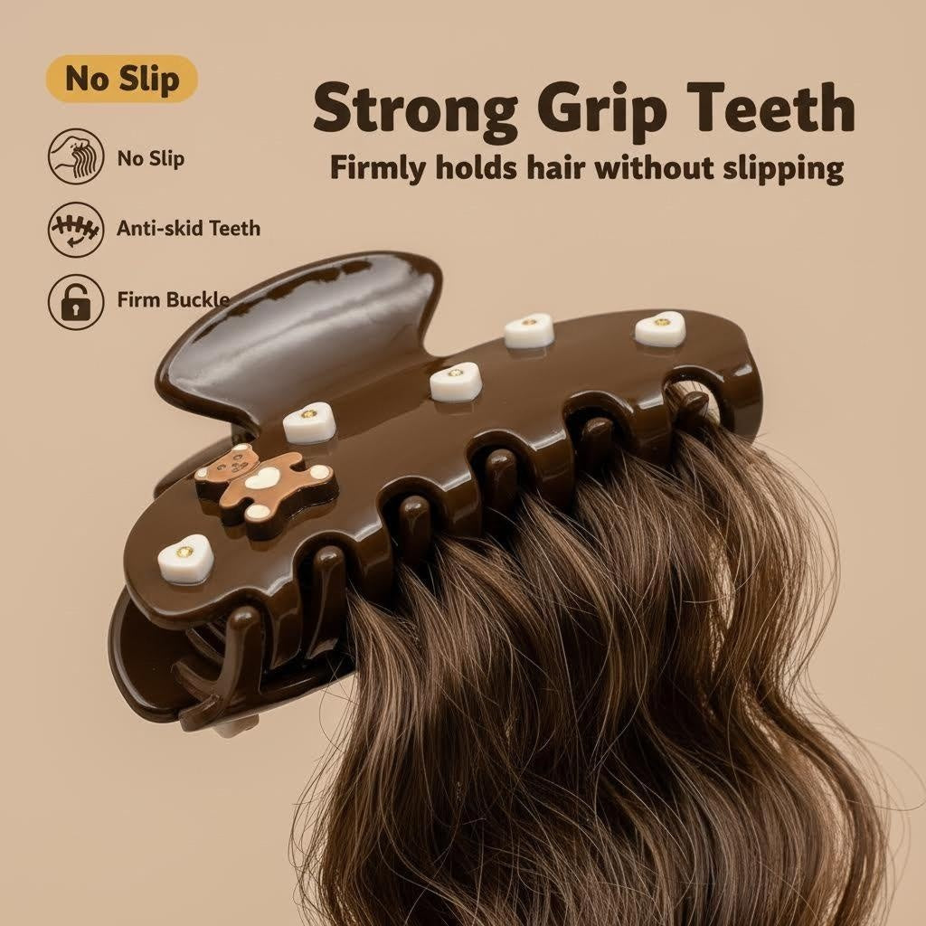 Close-up of a brown hair claw clip with teddy bear and heart designs holding a section of brown hair, highlighting its "Strong Grip Teeth"