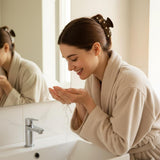 Woman in a beige bathrobe washing her face in a bathroom sink, with her hair held back by a brown teddy bear hair claw clip