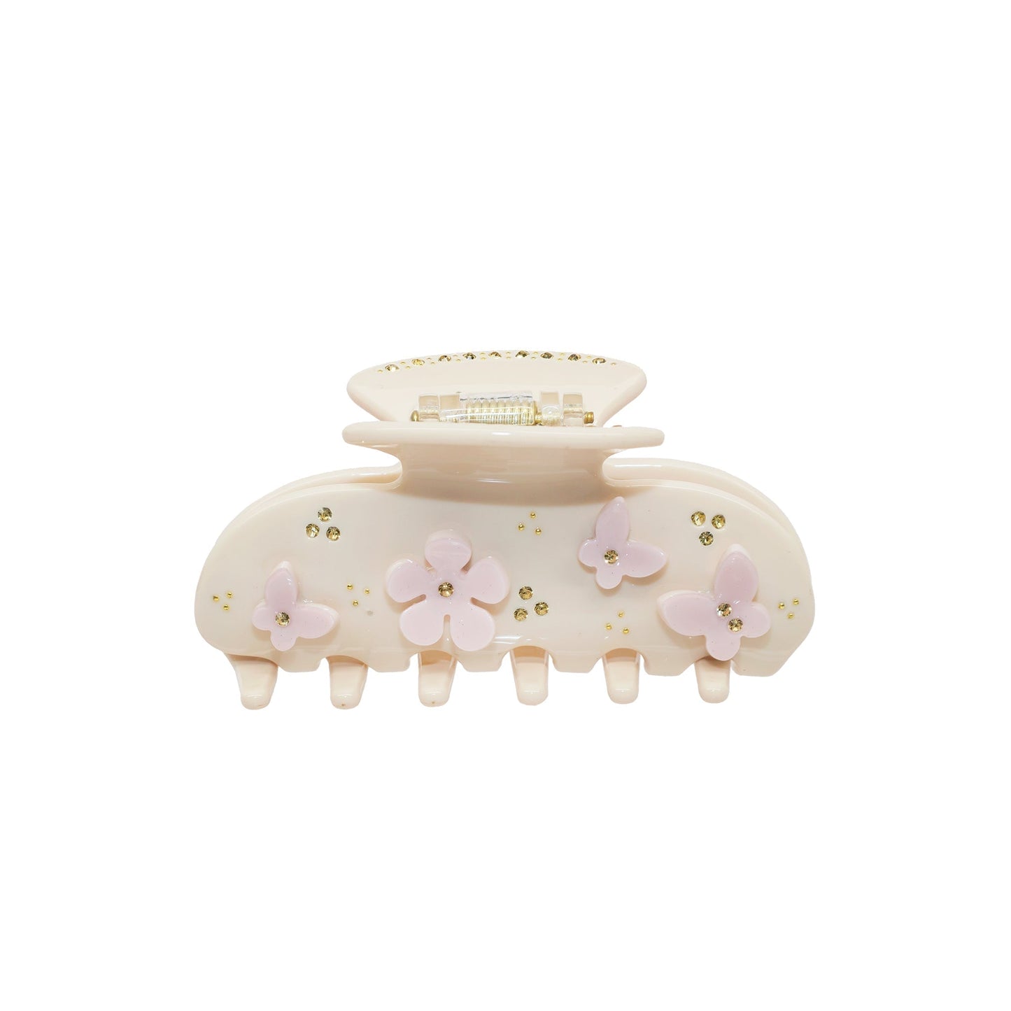 A light cream-colored acetate claw clip adorned with pastel pink butterflies and flowers, accented with small gold rhinestones.