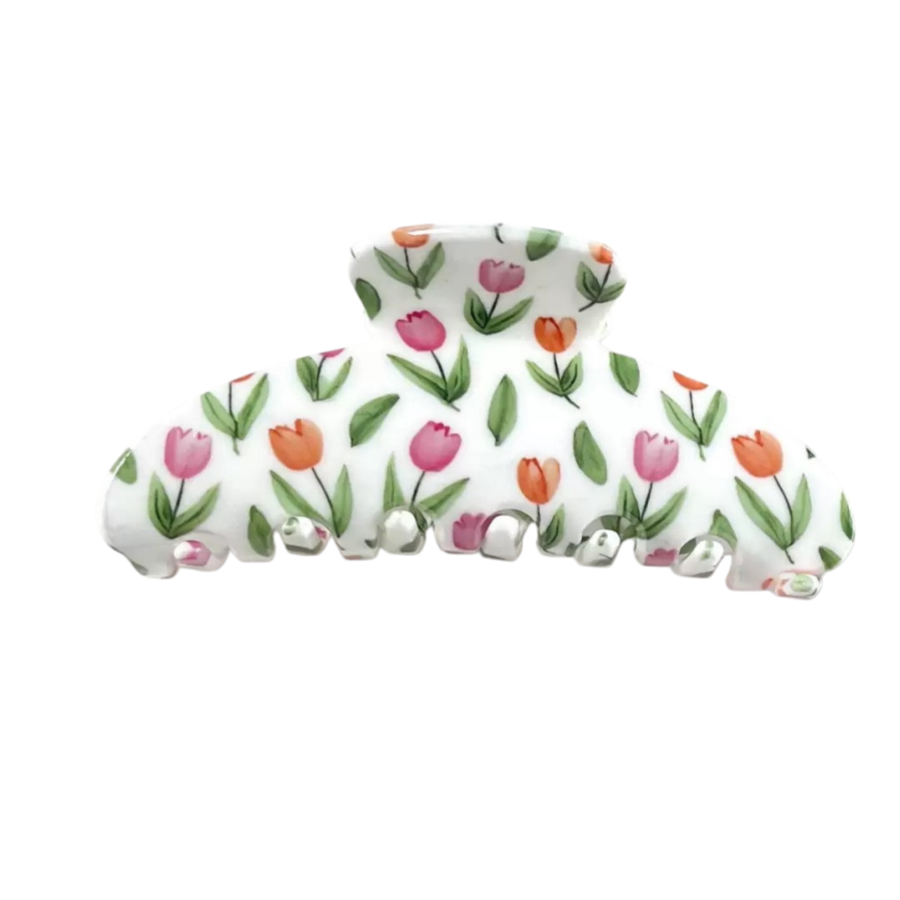 White claw clip with a pink and orange tulip floral print