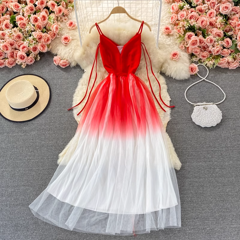 Red and white gradient tulle dress with spaghetti straps
