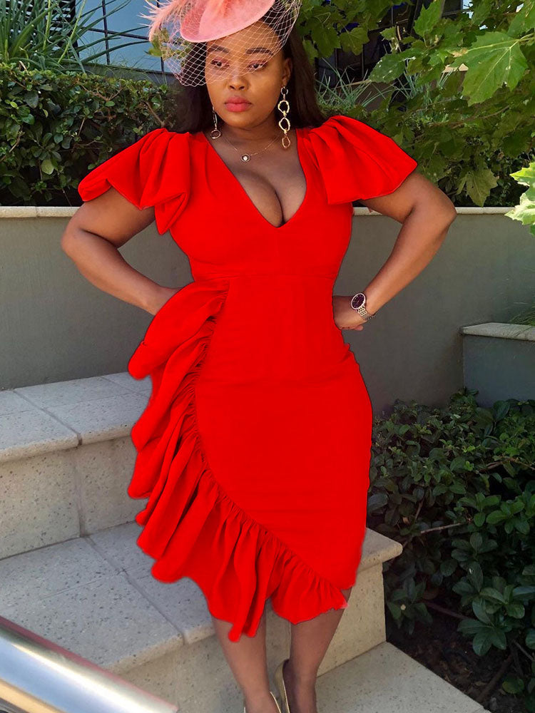 V-neck midi dress with flutter sleeves - View 6 | Lwiis