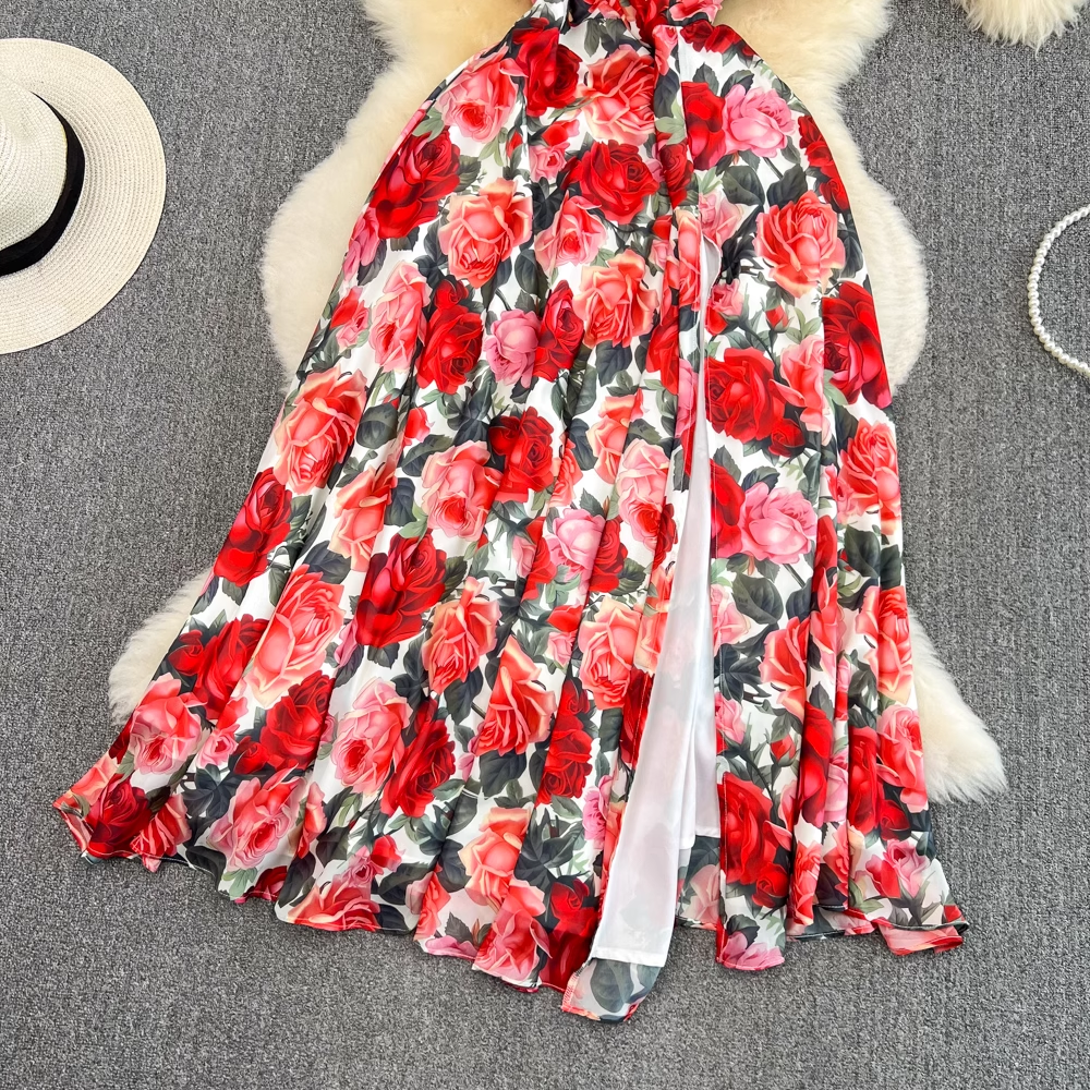 Elegant floral print A-line maxi dress with a one-shoulder neckline and thigh-high slit. - View 7 | Lwiis