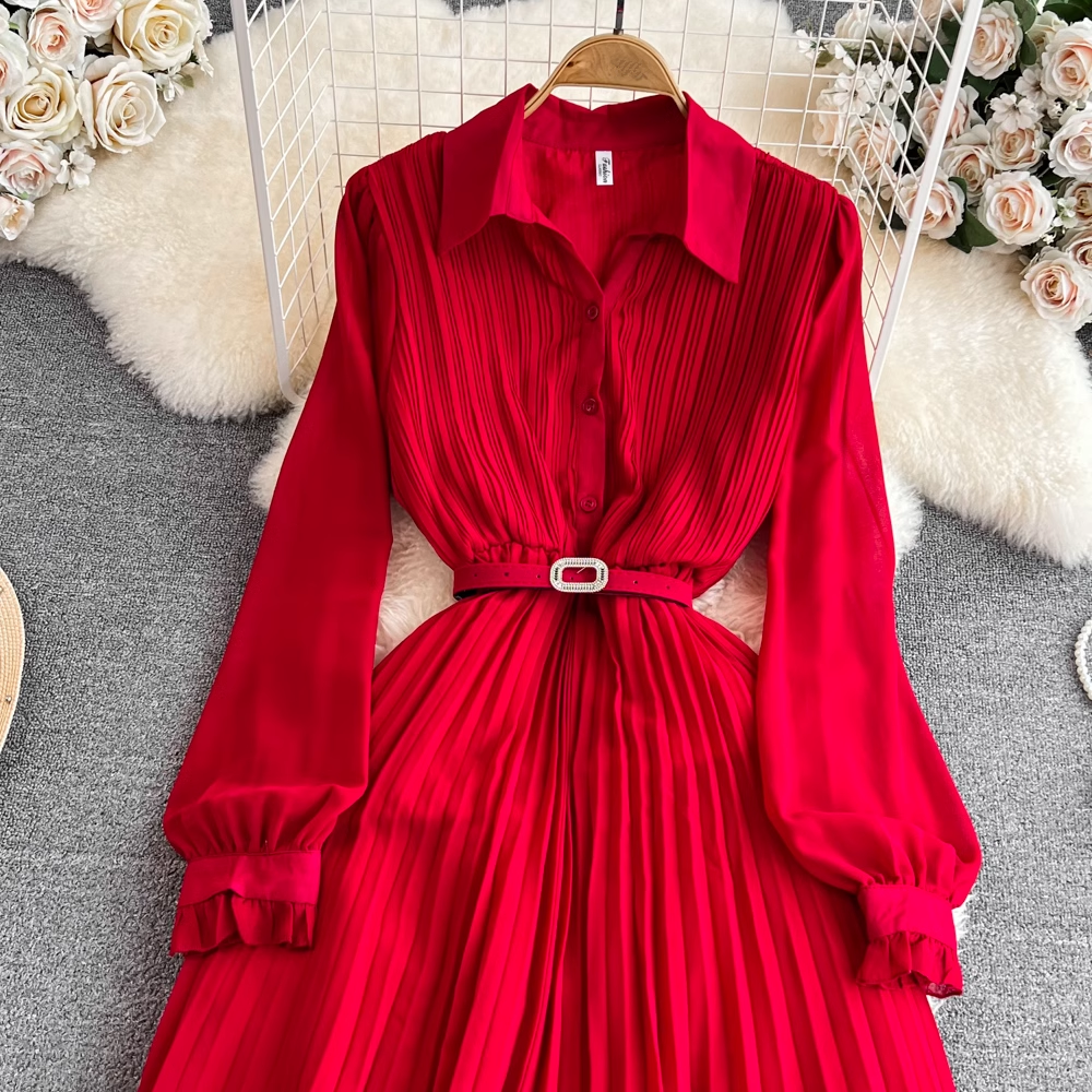 Pleated A-line maxi dress with belted waist and collared neckline - View 18 | Lwiis