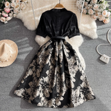 Jacquard Maxi Dress with Puff Sleeves and V-Neckline - View 9 | Lwiis