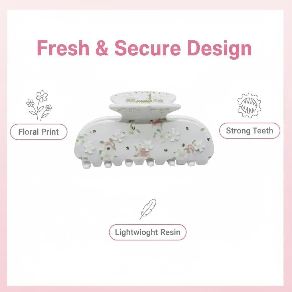 Product features of the floral claw hair clip: floral print, strong teeth, lightweight resin