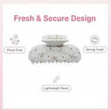 Product features of the floral claw hair clip: floral print, strong teeth, lightweight resin