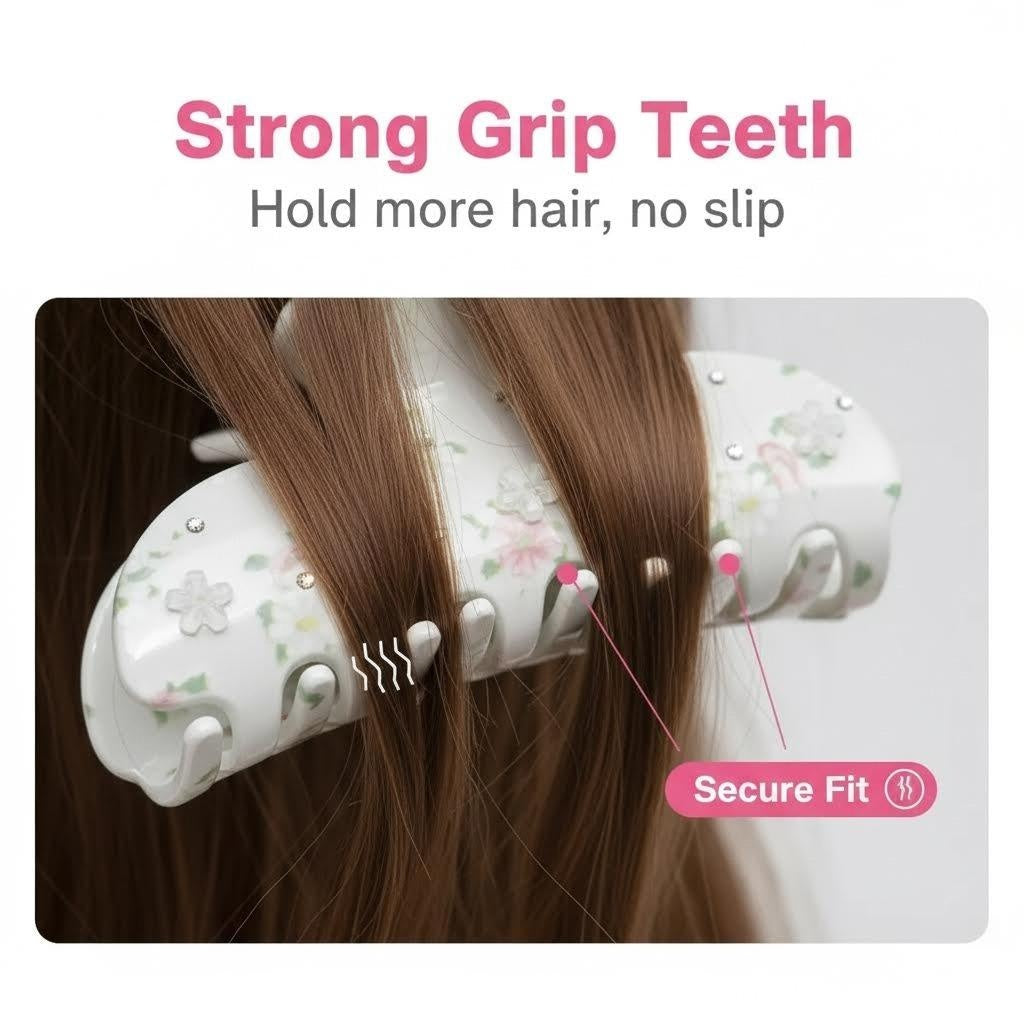 Demonstration of the strong grip teeth of the claw hair clip holding hair securely