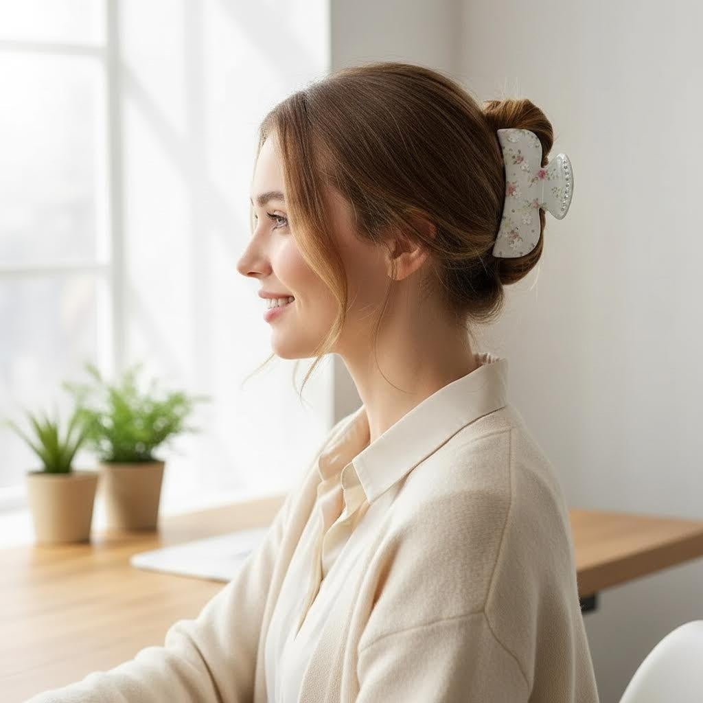 Woman with her hair styled in a bun using the floral claw hair clip