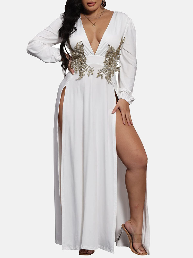 Elegant Maxi Dress with High Split and Embellished Waist - View 8 | Lwiis