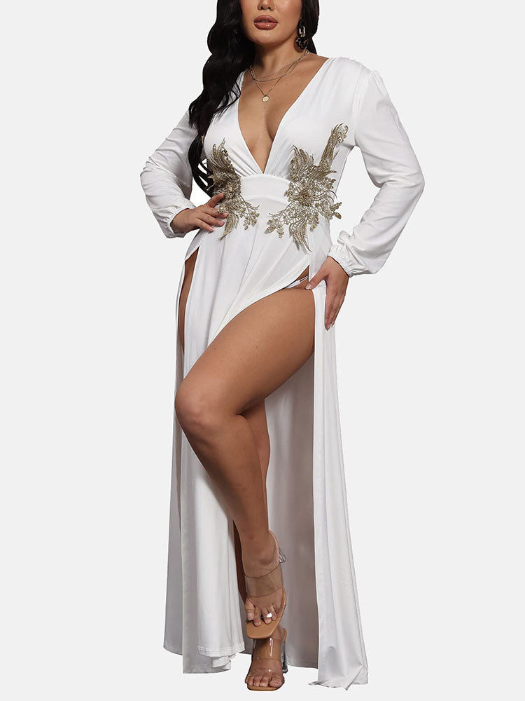 Elegant Maxi Dress with High Split and Embellished Waist - View 6 | Lwiis
