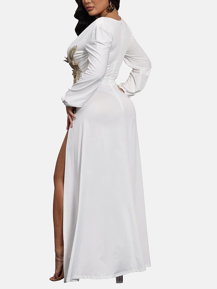 Elegant Maxi Dress with High Split and Embellished Waist - View 9 | Lwiis