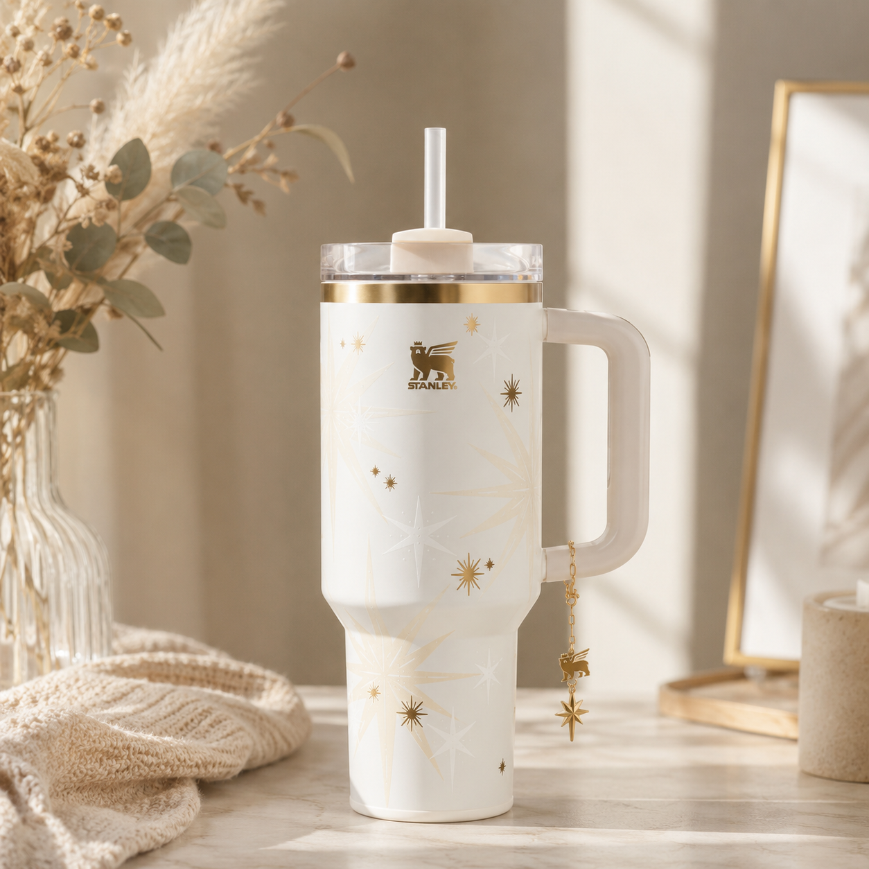 White tumbler with gold accents on a wooden surface with decorative elements.