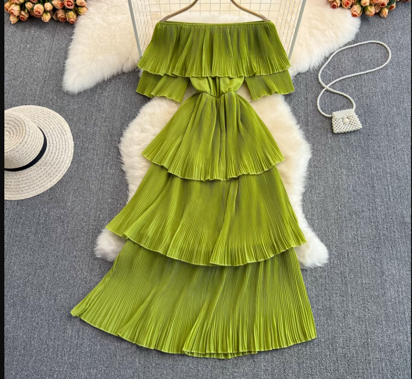 Green tiered off-the-shoulder pleated dress