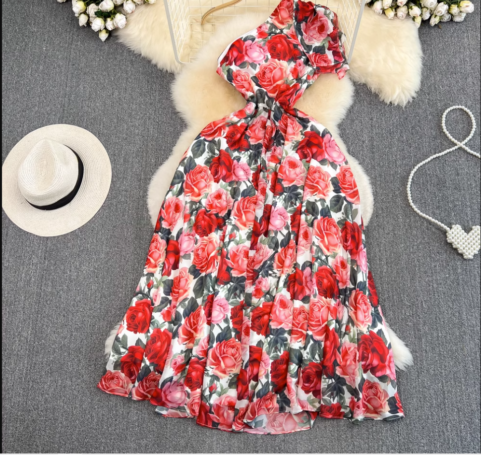 Elegant floral print A-line maxi dress with a one-shoulder neckline and thigh-high slit. - View 11 | Lwiis