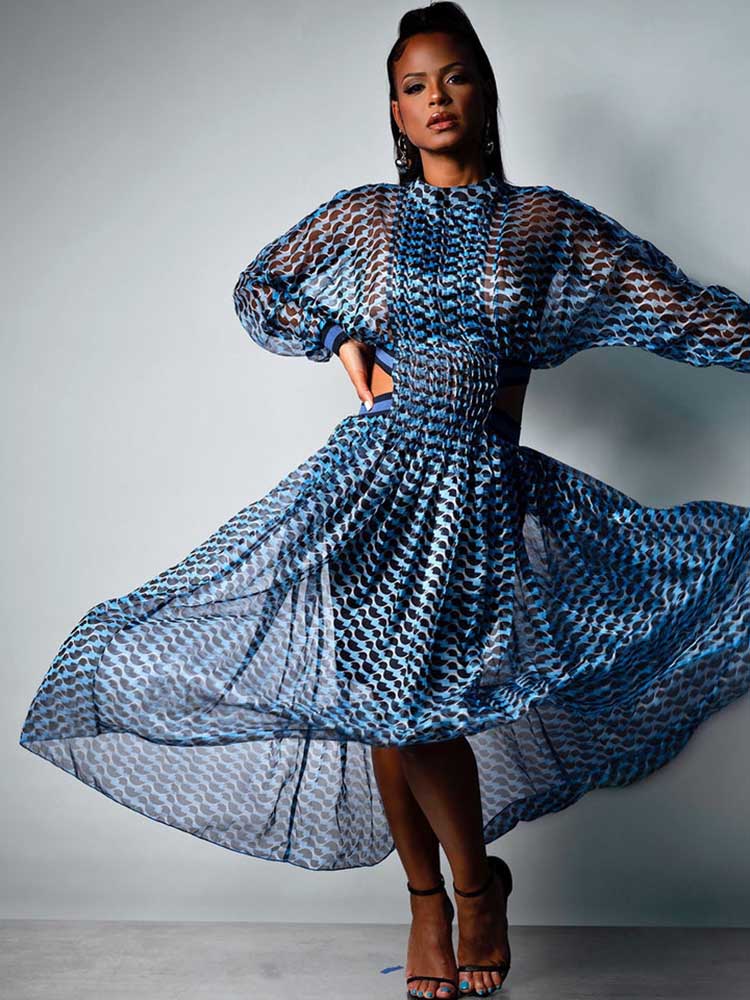 Blue chiffon maxi dress with geometric print and mock neckline - View 6 | Lwiis