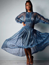 Blue chiffon maxi dress with geometric print and mock neckline - View 6 | Lwiis