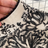 A pair of sparkling silver pointed-toe heels are placed next to a black and white floral embroidered midi dress on a grey surface.
