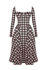 Plaid Pattern Long Sleeve Corset A - Line Pleated Midi Dress - View 8 | Lwiis