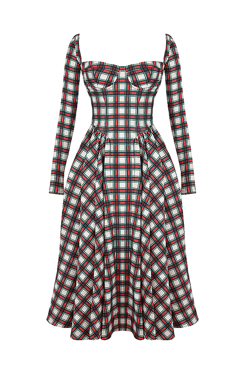 Plaid Pattern Long Sleeve Corset A - Line Pleated Midi Dress - View 8 | Lwiis