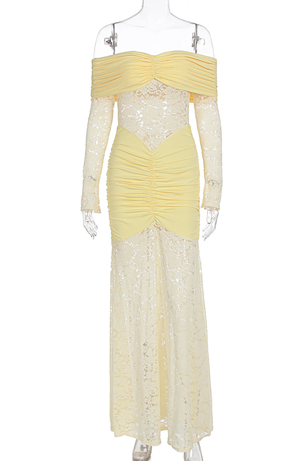 A pale yellow off-the-shoulder formal dress with long lace sleeves and ruched detailing displayed on a mannequin.