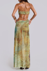 Back view of a woman wearing a sheer abstract print maxi dress with a halter neck.