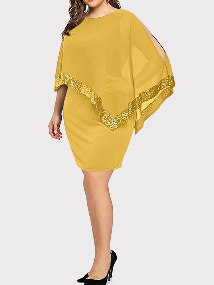 Asymmetric Sequins Dress with Cape Overlay - View 21 | Lwiis