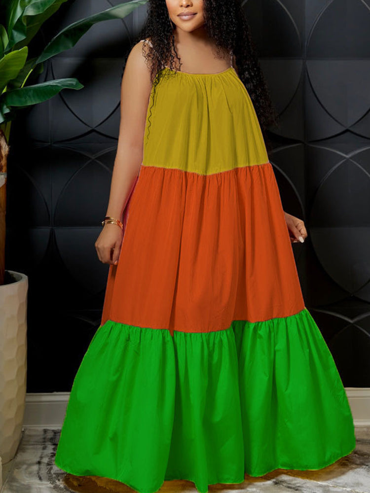 Color block casual A-line maxi dress with spaghetti straps - View 11 | Lwiis