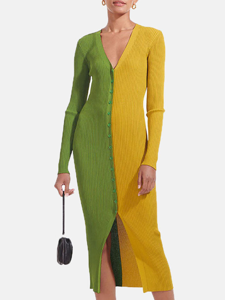 Color block sweater dress with button front - View 9 | Lwiis
