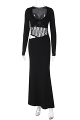Lace trim maxi dress with long sleeves and V-neckline - View 8 | Lwiis