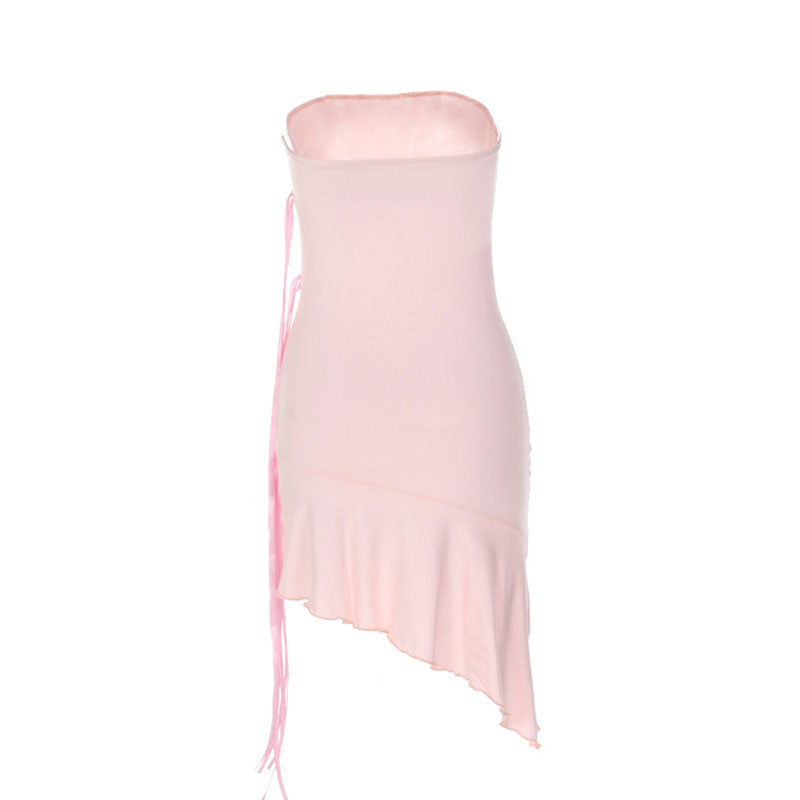 Solid Color Ribbon trim Ruffle Hem Strapless Mini Dress - Pink