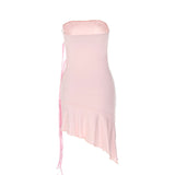 Solid Color Ribbon trim Ruffle Hem Strapless Mini Dress - Pink