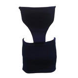 Navy blue strapless ribbed knit mini dress with cutouts, back view