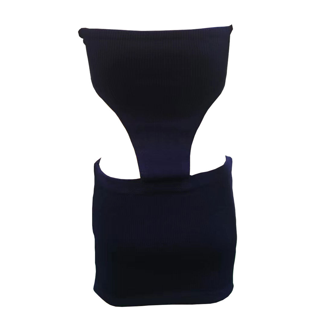 Navy blue strapless ribbed knit mini dress with cutouts, back view