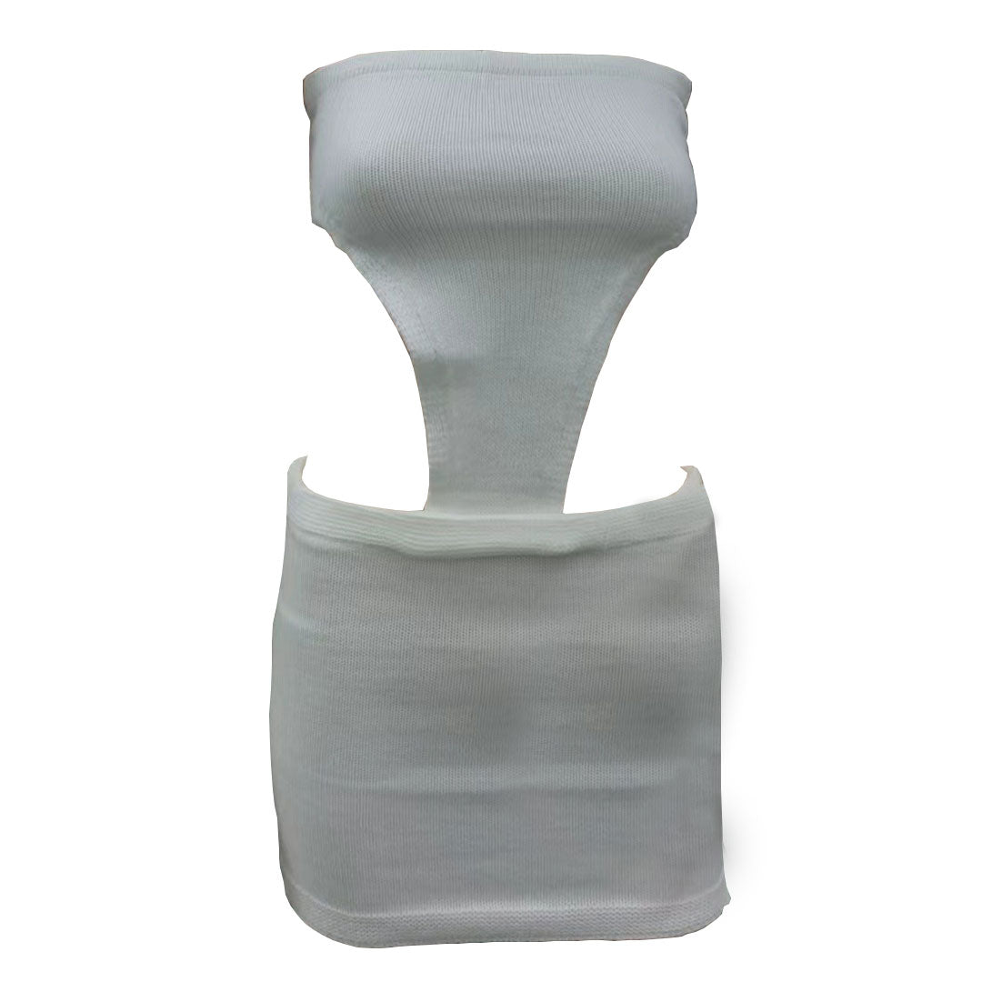 front view of a white strapless knit mini dress with cut-outs