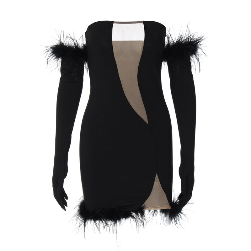 Product shot of a black strapless mini dress with feather trim, cut-out detail, and detachable long sleeves.
