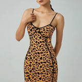 close-up of a leopard print bodycon midi dress