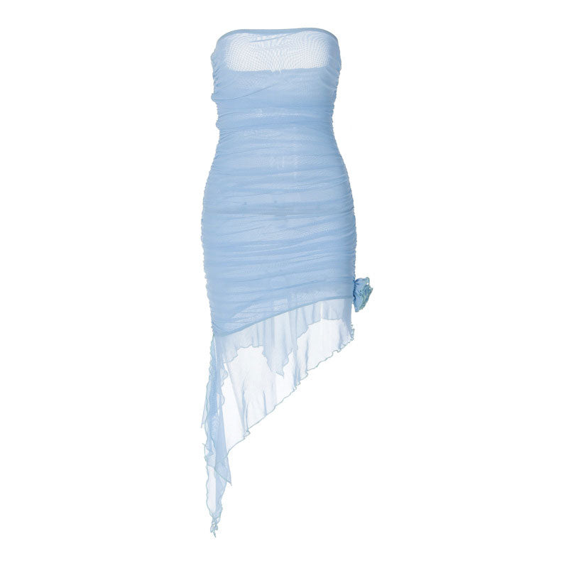 A light blue strapless ruched mesh dress with an asymmetrical hemline and ruffle trim, displayed on a white background.