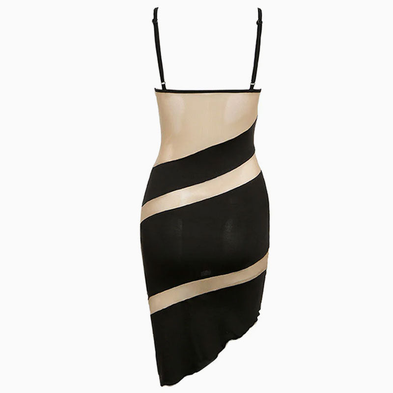 back view of a black and sheer striped dress